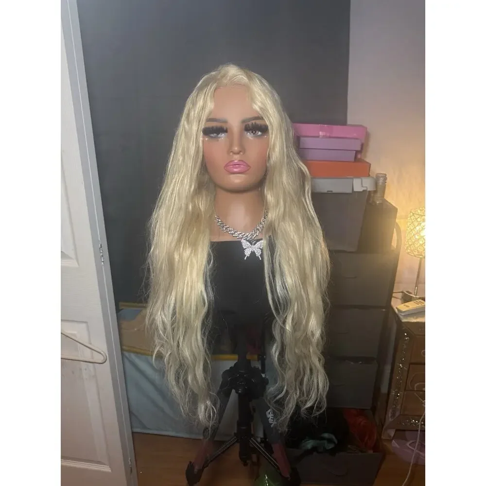 Human Hair Wig 13x6 Lace Front Platinum Blonde Long Wavy